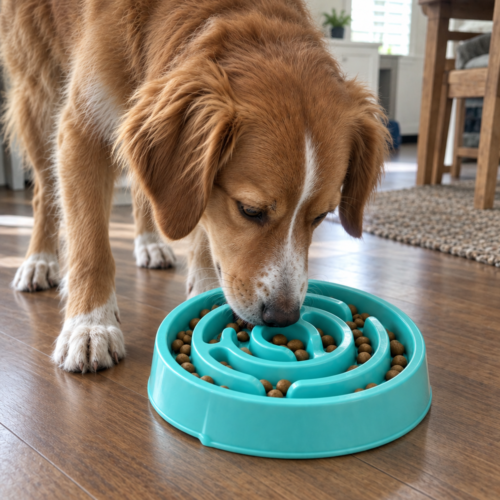 Candid phone-style photo of a dog eating from the bowl