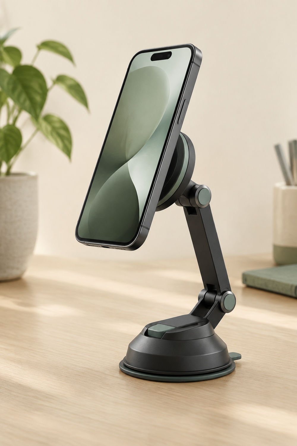 Concept image of the phone mount with magnetic ring and suction-cup base