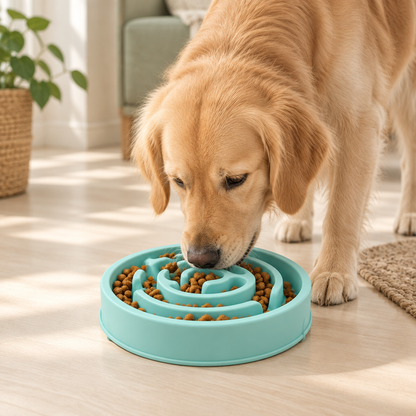 Dog eating from the turquoise slow-feeder bowl