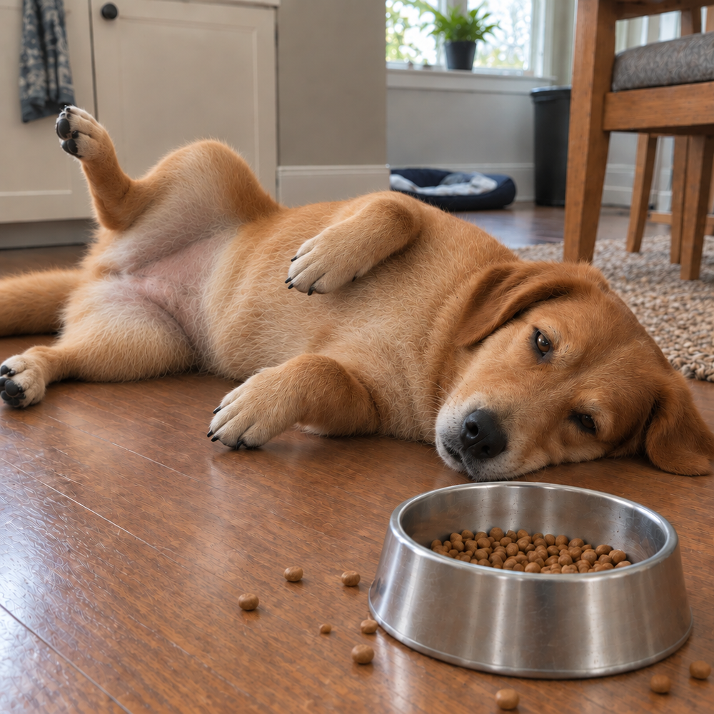 Dog with realistic short fur beside the bowl