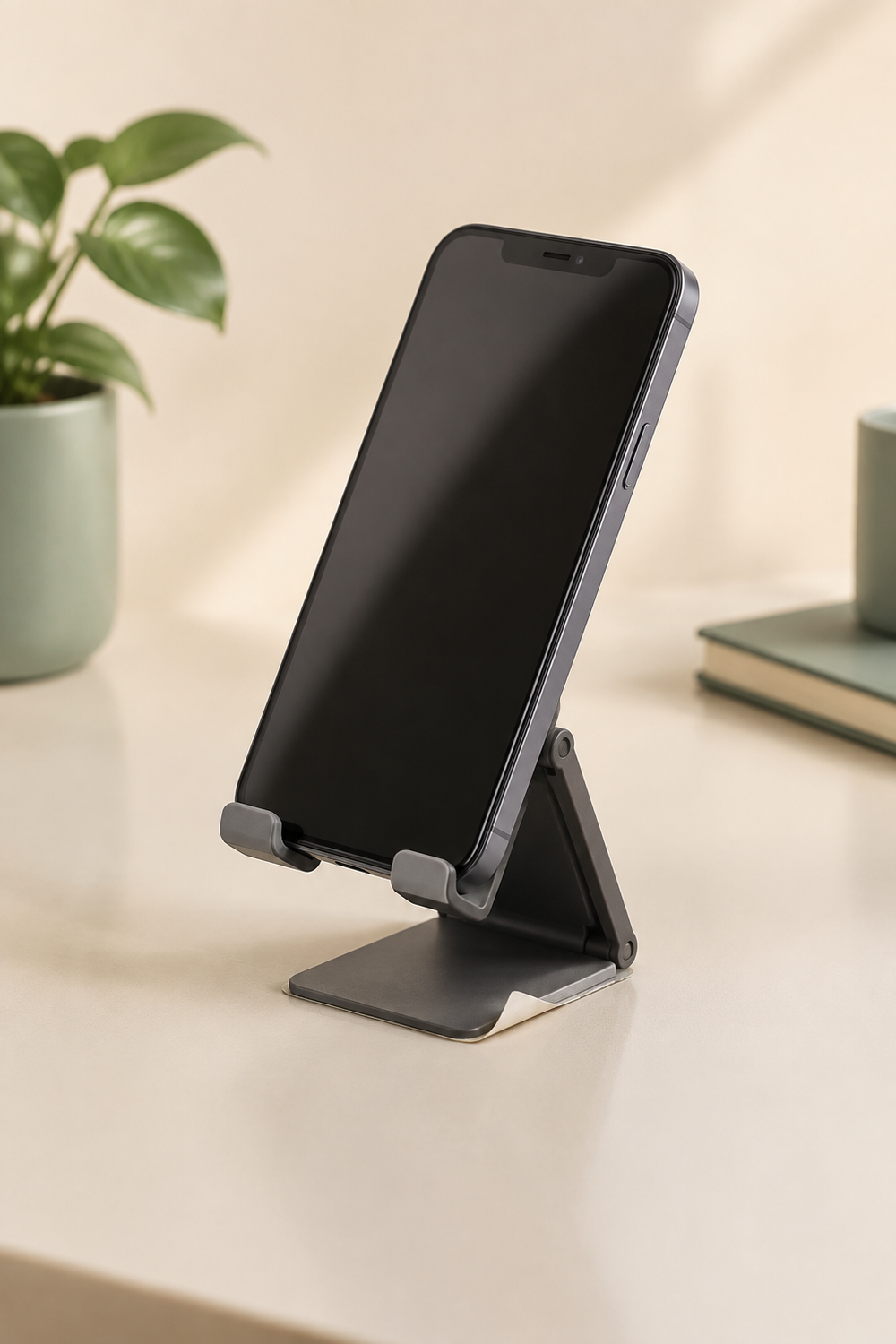 Illustrative phone stand tipping forward as its sticker peels